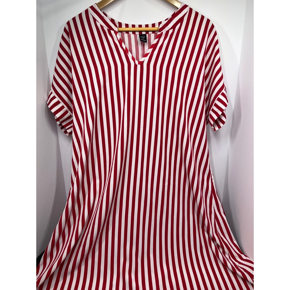 Shein Curve Red White Striped V-Neck Shift Dress 0XL Plus Size Short Sleeve